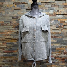 Easel Pacific Green Button Down Cotton Gauze Hoodie Jacket