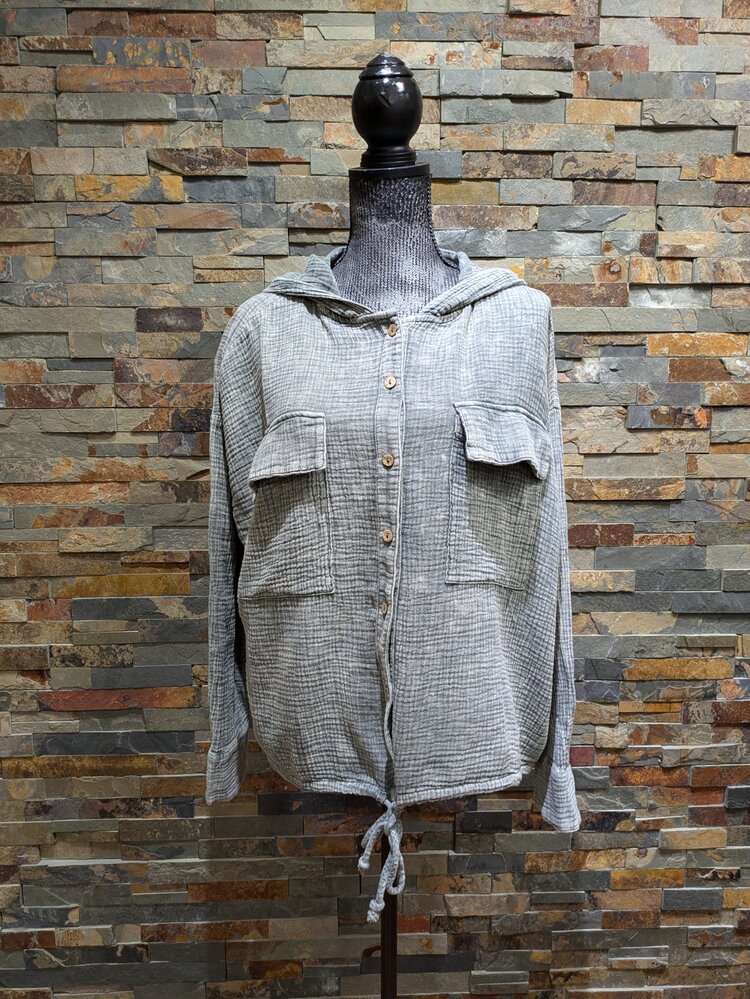 Easel Pacific Green Button Down Cotton Gauze Hoodie Jacket