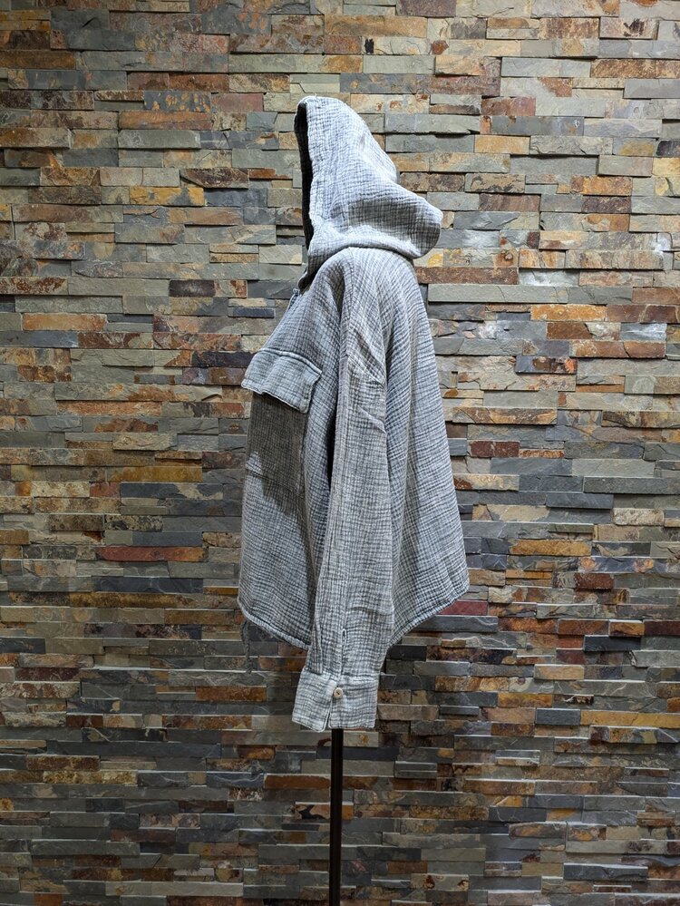 Easel Pacific Green Button Down Cotton Gauze Hoodie Jacket