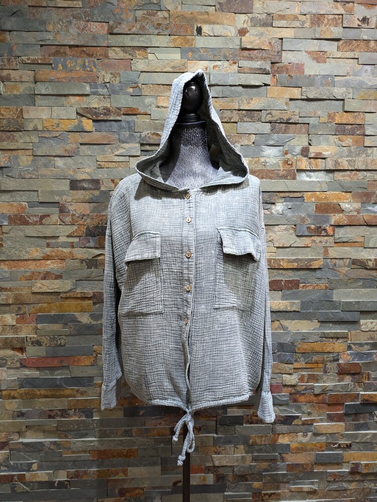 Easel Pacific Green Button Down Cotton Gauze Hoodie Jacket