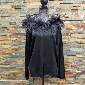Black Silk Cashmere Top With Feathers, Size 2XL