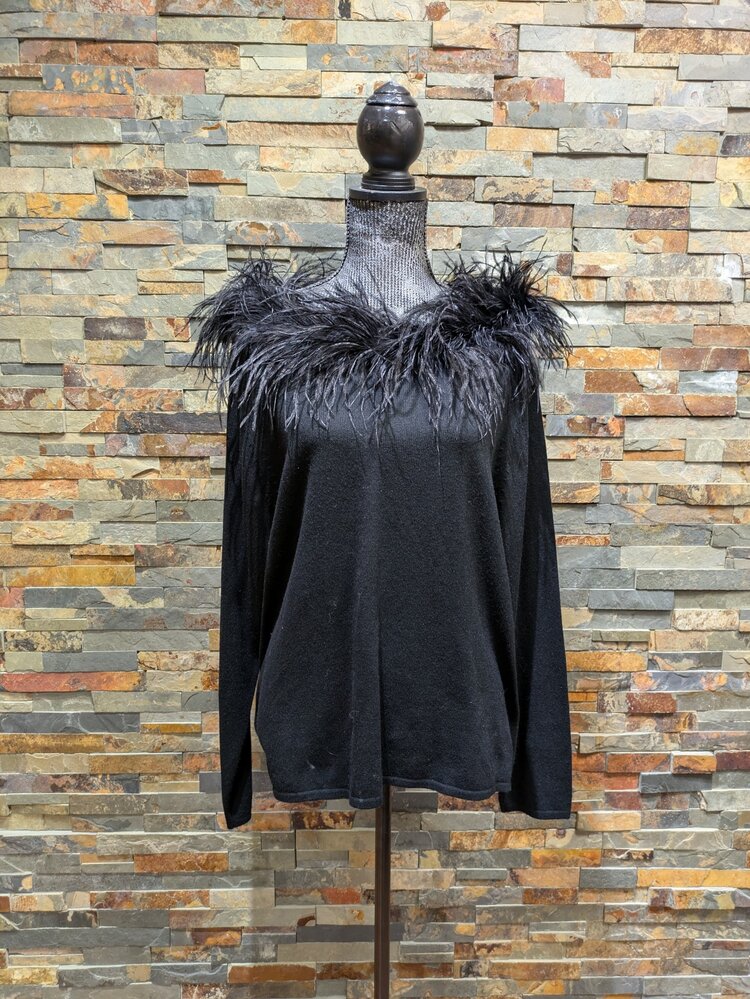 Black Silk Cashmere Top With Feathers, Size 2XL