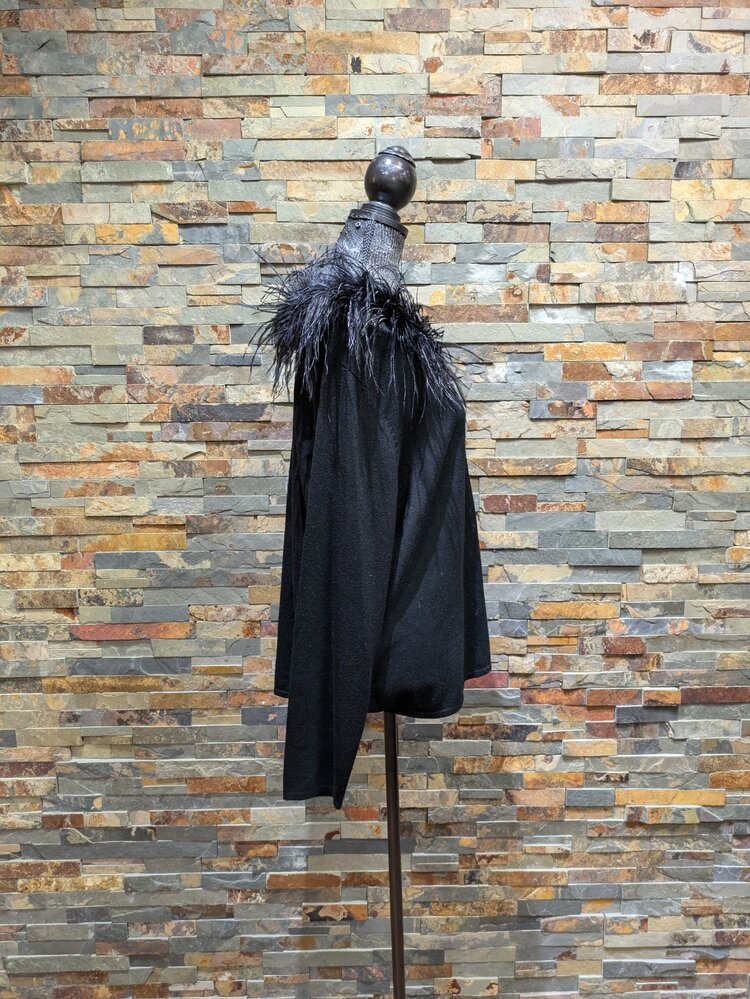 Black Silk Cashmere Top With Feathers, Size 2XL