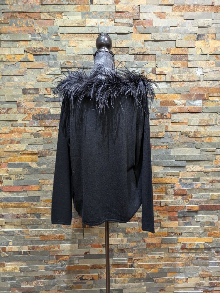 Black Silk Cashmere Top With Feathers, Size 2XL