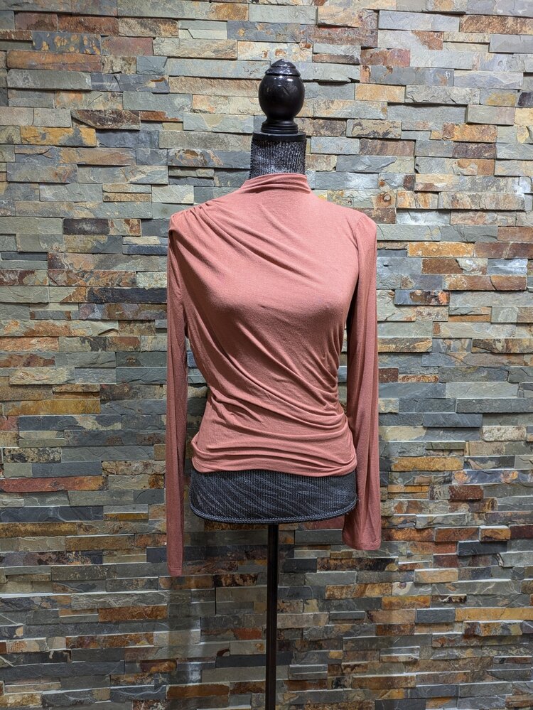 Rust Mock Neck Ruched Side Detail Long Sleeve Top