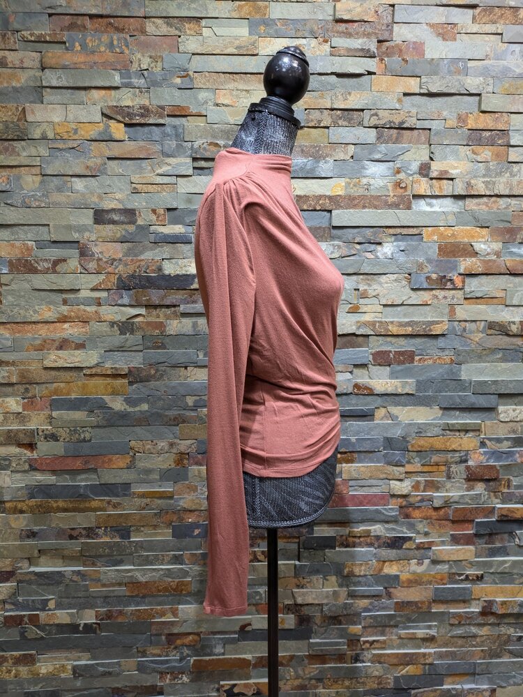 Rust Mock Neck Ruched Side Detail Long Sleeve Top