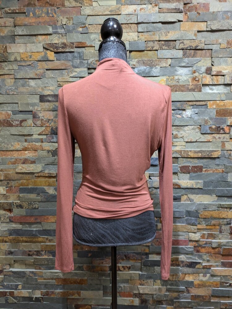 Rust Mock Neck Ruched Side Detail Long Sleeve Top