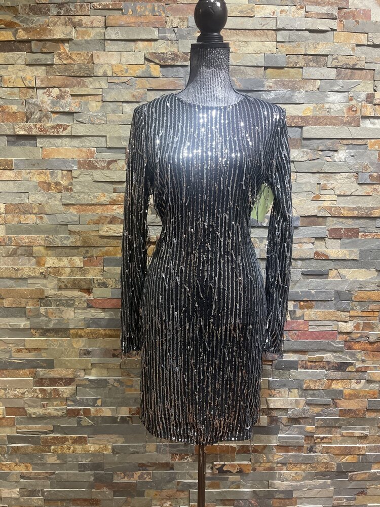 Bear Dance Black Long Sleeve Sequin Fringe Party Dress,