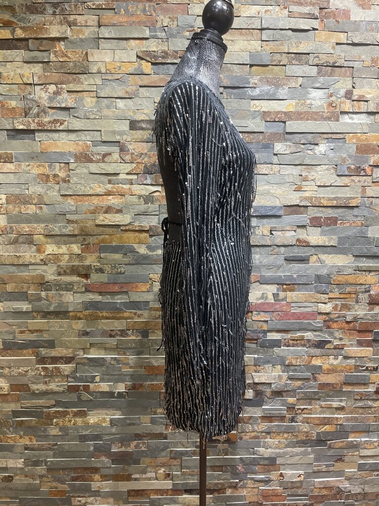 Bear Dance Black Long Sleeve Sequin Fringe Party Dress,