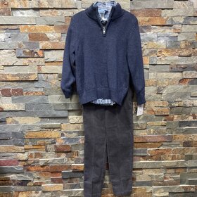Navy Sweater, Plaid Shirt & Gray Pant Set