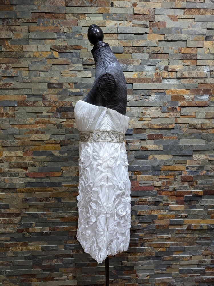 Sue Wong White Strapless Beaded Floral Cocktail Dress, Size 12