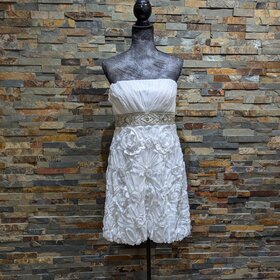 Sue Wong White Strapless Beaded Floral Cocktail Dress, Size 12
