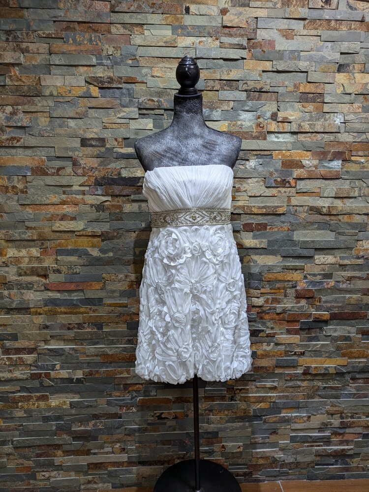 Sue Wong White Strapless Beaded Floral Cocktail Dress, Size 12