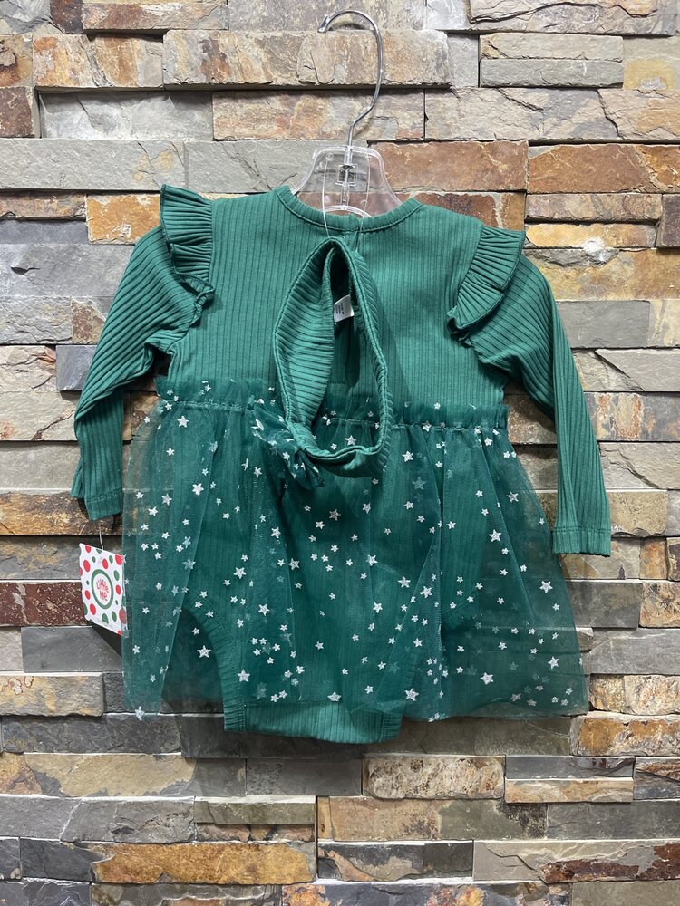 Green Onesie Joy Dress w/ Tulle Star Print Skirt & Headband