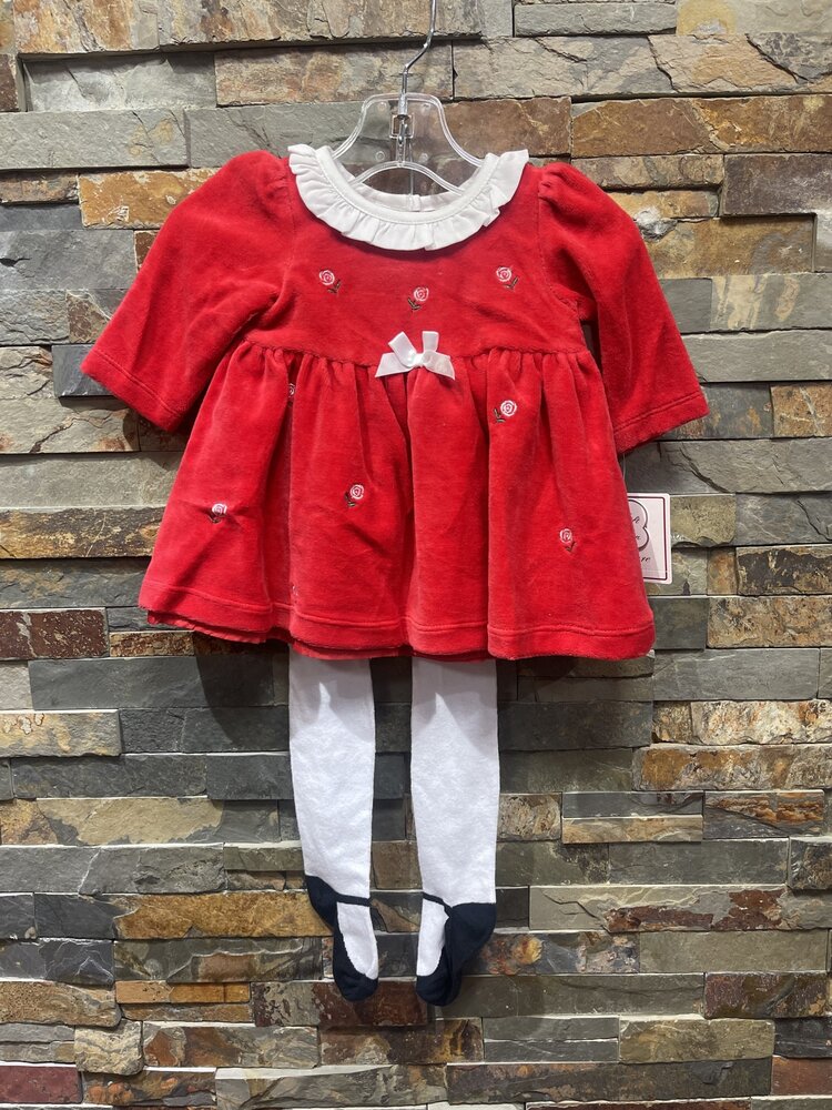 Red Roses Print Dress w/Mary Jane Tights