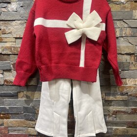 Red & Ivory Knitted Gift Sweater w/Flared Pants