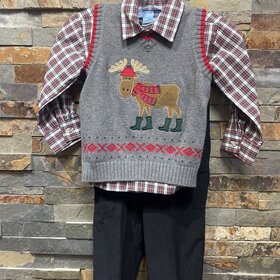 Gray Marching Moose Sweater Vest, Plaid Shirt & Black Pant Set