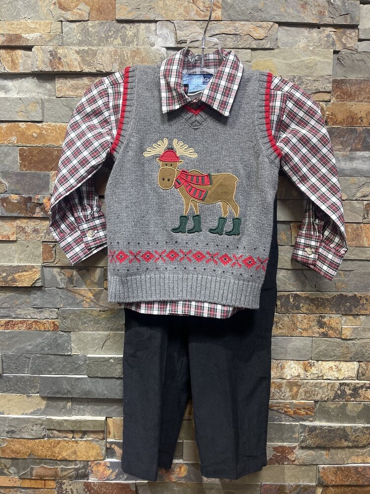 Gray Marching Moose Sweater Vest, Plaid Shirt & Black Pant Set