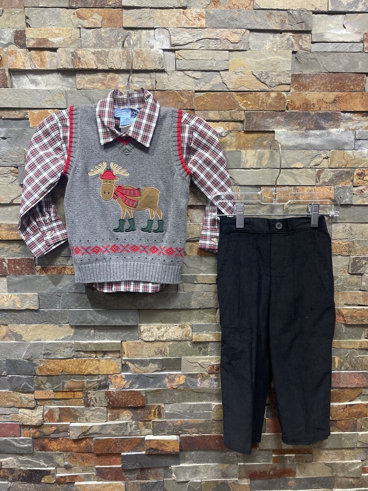 Gray Marching Moose Sweater Vest, Plaid Shirt & Black Pant Set