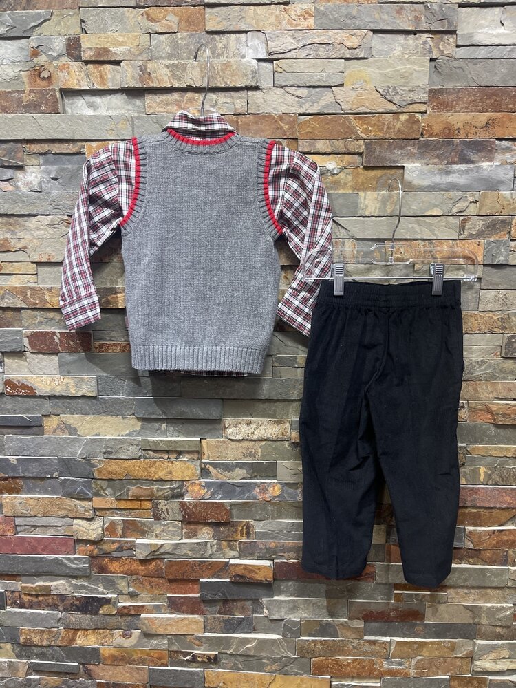 Gray Marching Moose Sweater Vest, Plaid Shirt & Black Pant Set