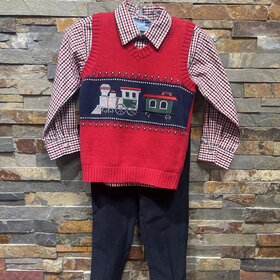 Red Train Sweater Vest, Plaid Shirt & Navy Pant Set