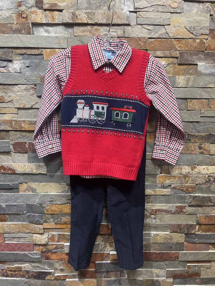 Red Train Sweater Vest, Plaid Shirt & Navy Pant Set
