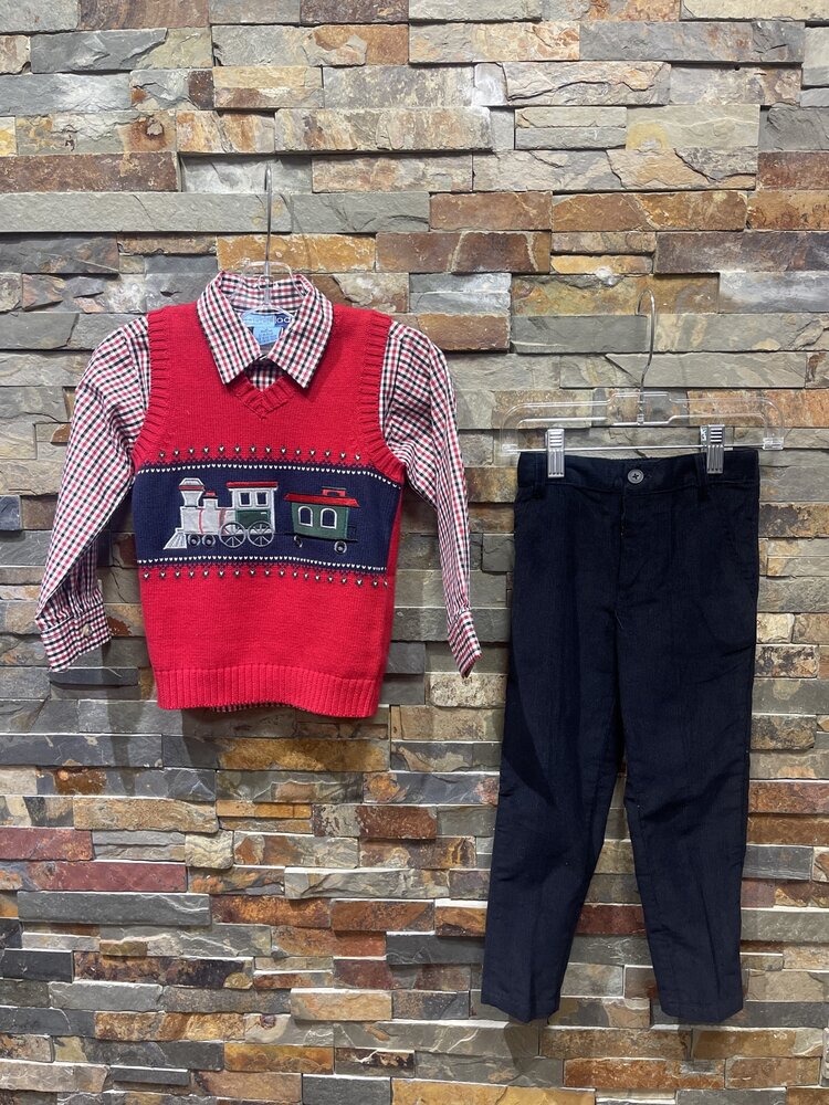 Red Train Sweater Vest, Plaid Shirt & Navy Pant Set