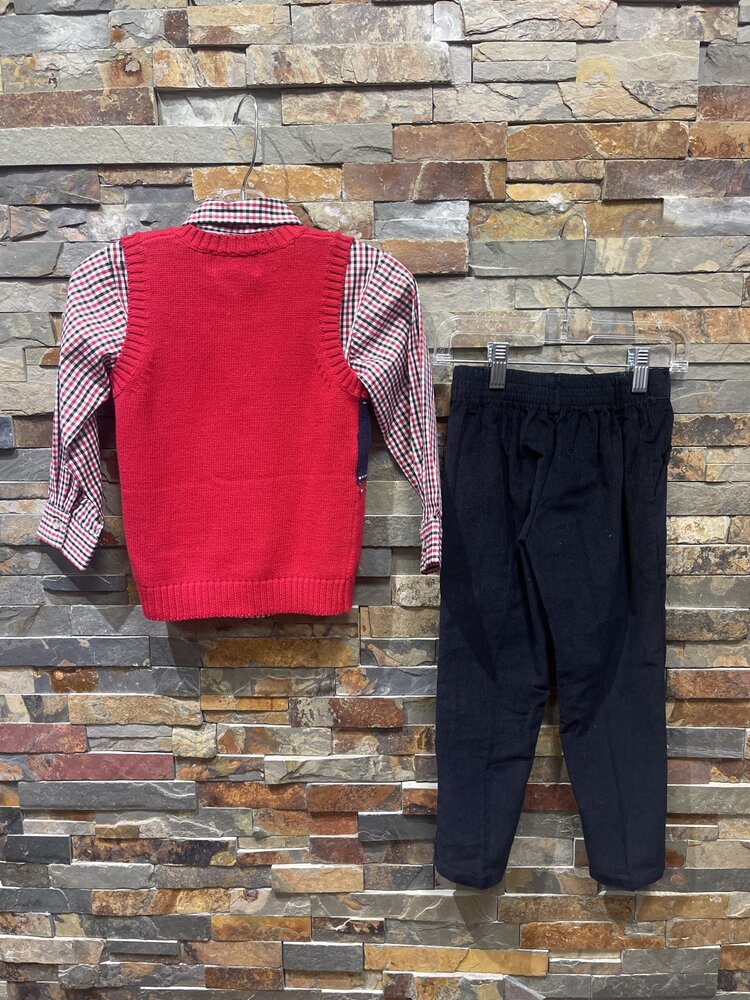 Red Train Sweater Vest, Plaid Shirt & Navy Pant Set