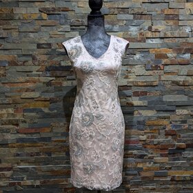Sue Wong Blush Pink Shift Dress w/ Embroidered Silver Floral Designs, Size 4