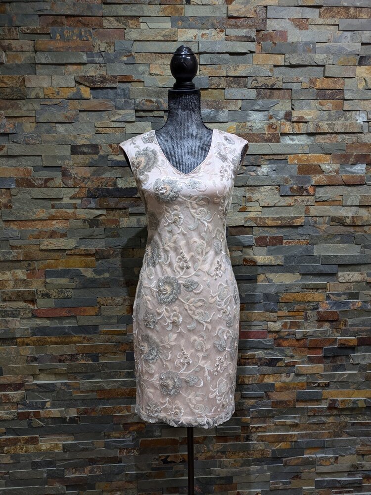 Sue Wong Blush Pink Shift Dress w/ Embroidered Silver Floral Designs, Size 4