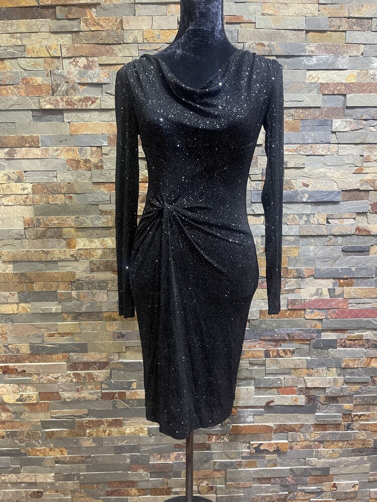 Black Sparkle Cowl Neck Ruched Dress, Size  XS