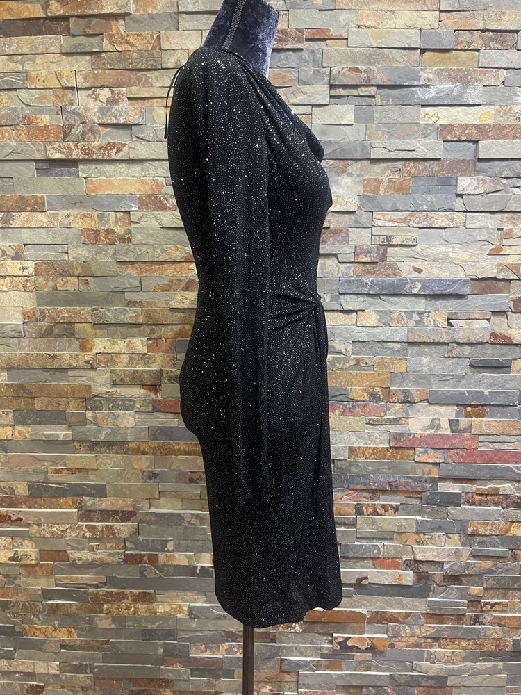 Black Sparkle Cowl Neck Ruched Dress, Size  XS