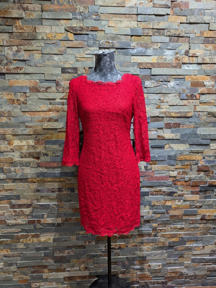 Adrianna Papell Red Lace Short Sleeve Sheath Dress, Size 8