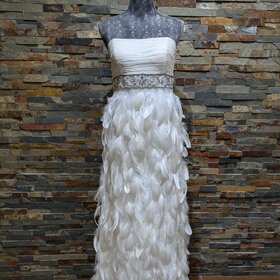 Sue Wong Ivory Empire Feather Gown w/ Silver Belt Embellishments, Size 12
