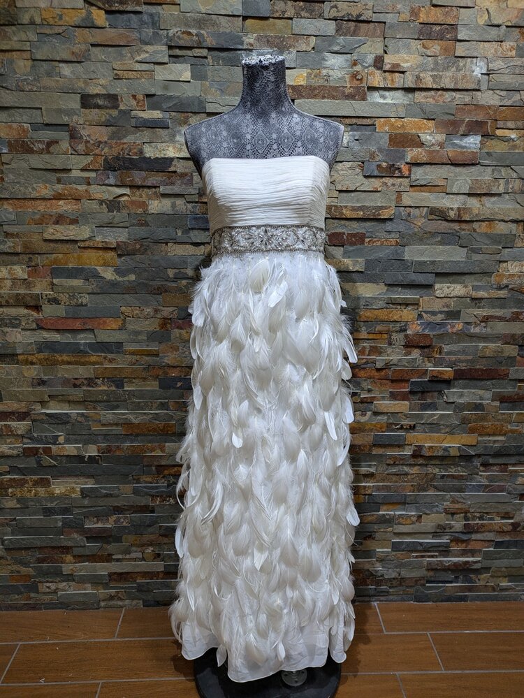 Sue Wong Ivory Empire Feather Gown w/ Silver Belt Embellishments, Size 12
