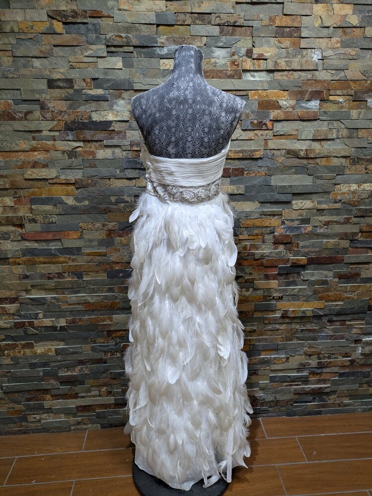 Sue Wong Ivory Empire Feather Gown w/ Silver Belt Embellishments, Size 12