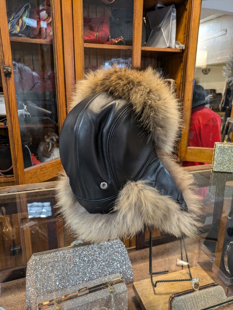 Black Leather & Black and Tan Fox Trapper Hat, O/S