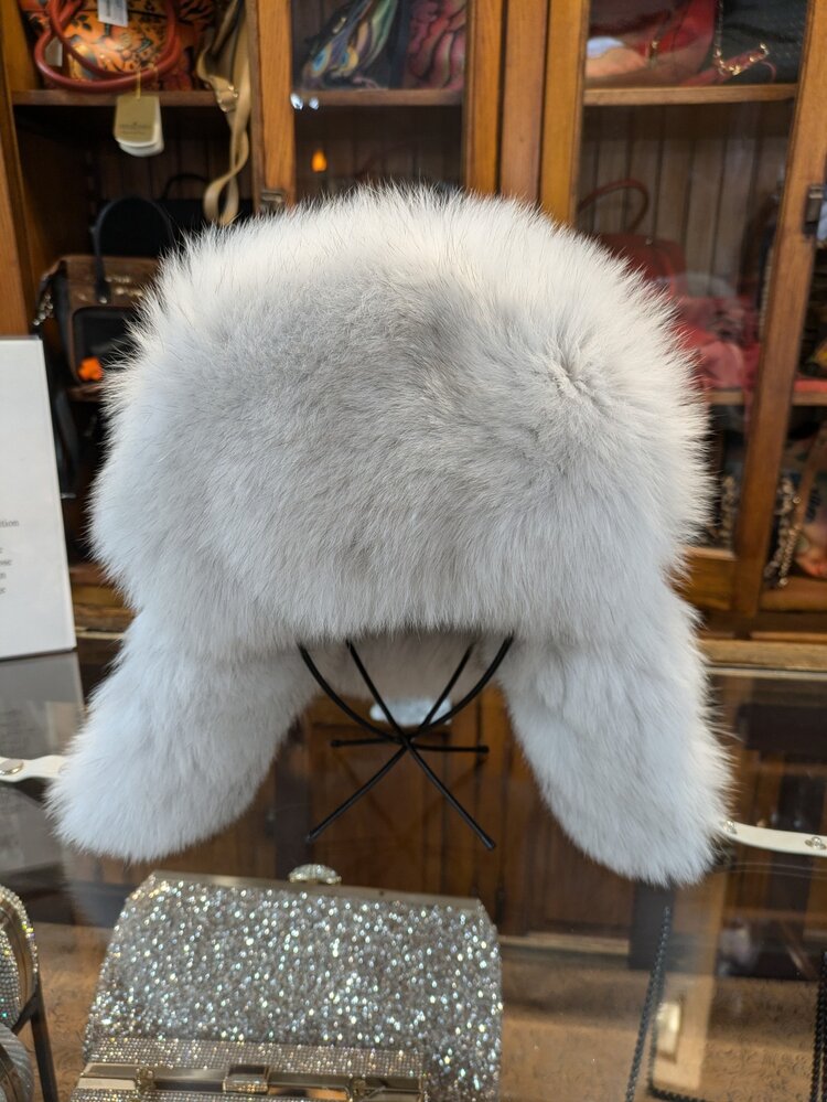 Blue Fox and White Leather Trapper Hat, O/S