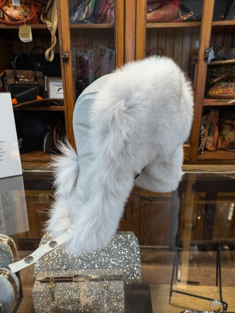 Blue Fox and White Leather Trapper Hat, O/S