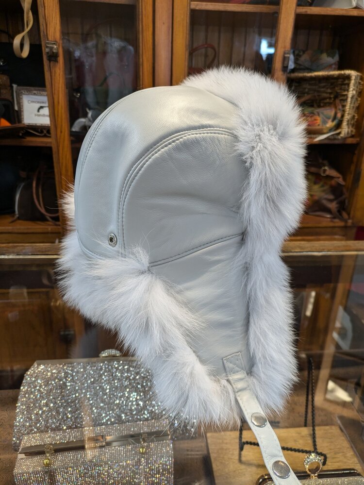Blue Fox and White Leather Trapper Hat, O/S