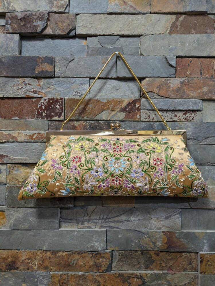 Gold Vintage Style Floral Embroidered Handbag