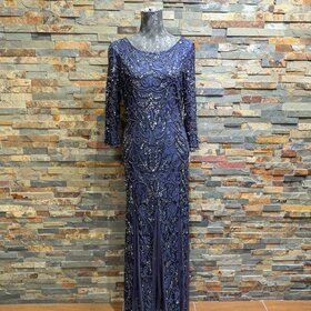 Pisarro Nights Navy Fully Beaded Gown with Violet Tulle Pleats, Size 8