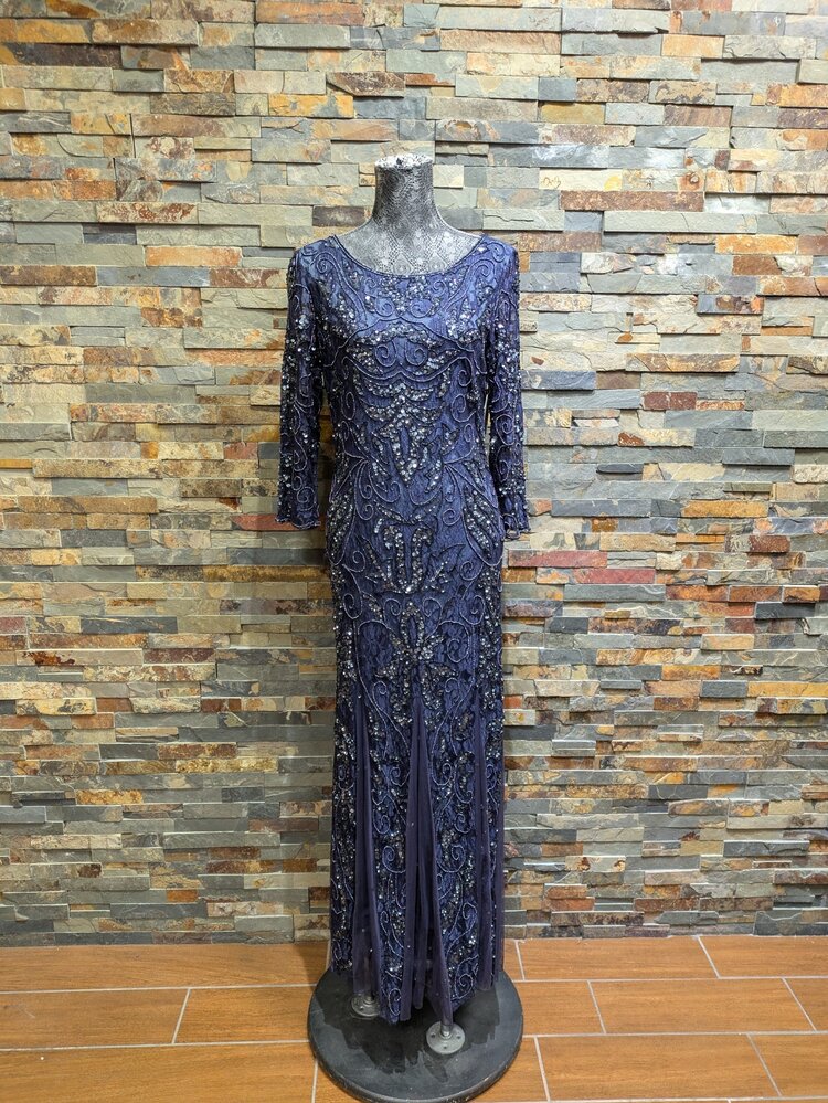 Pisarro Nights Navy Fully Beaded Gown with Violet Tulle Pleats, Size 8