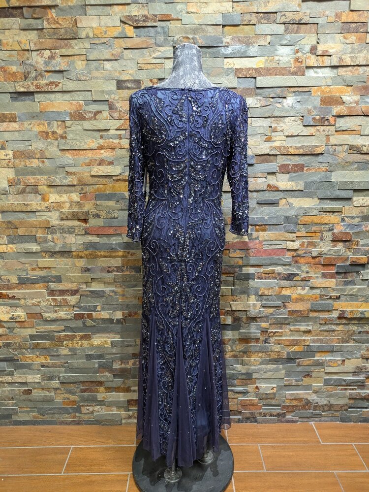 Pisarro Nights Navy Fully Beaded Gown with Violet Tulle Pleats, Size 8