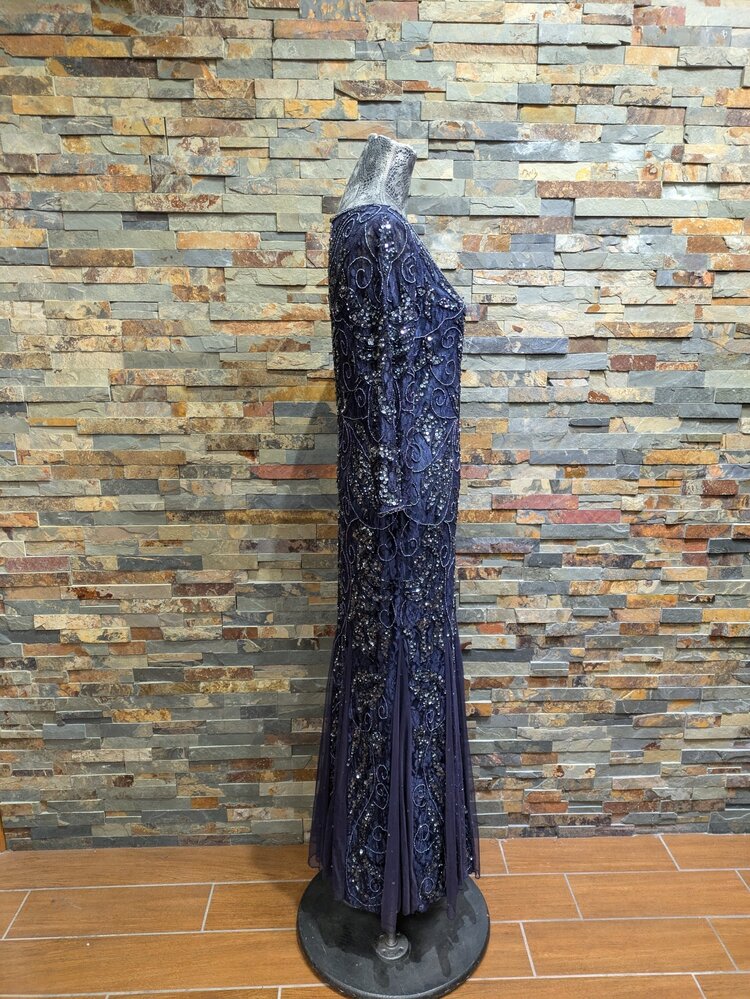 Pisarro Nights Navy Fully Beaded Gown with Violet Tulle Pleats, Size 8