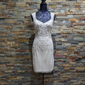 Ivory Beaded V-Neck w/ Nude Mesh Detail, Size 2