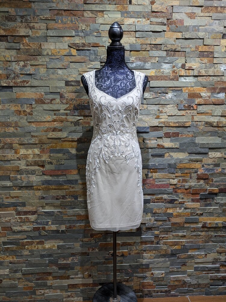 Ivory Beaded V-Neck w/ Nude Mesh Detail, Size 2