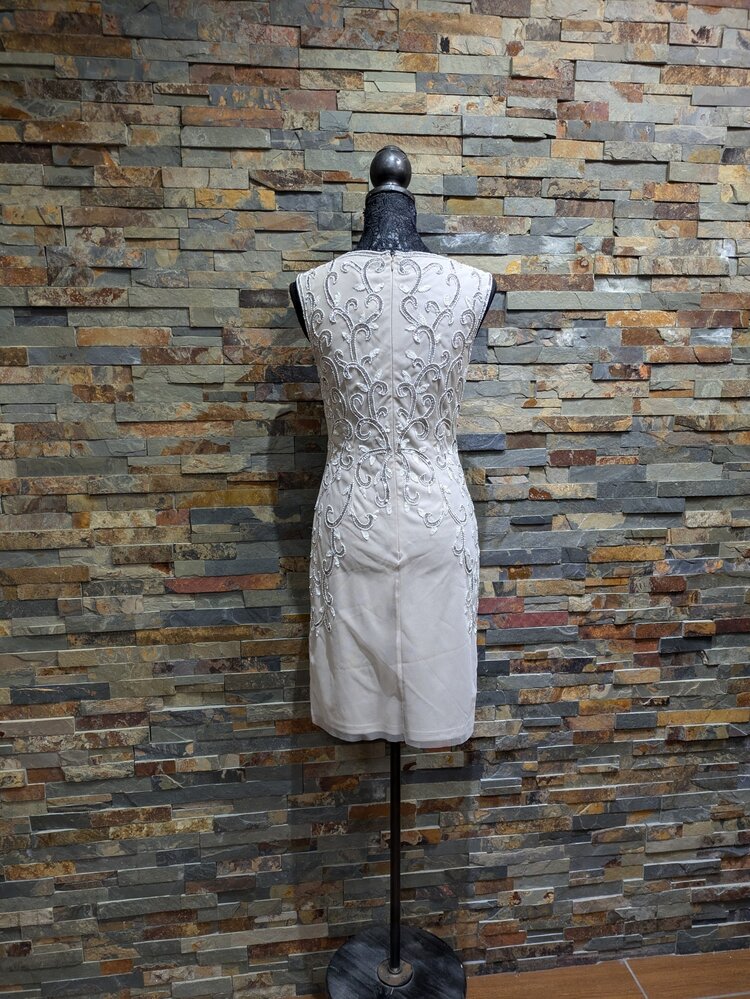 Ivory Beaded V-Neck w/ Nude Mesh Detail, Size 2