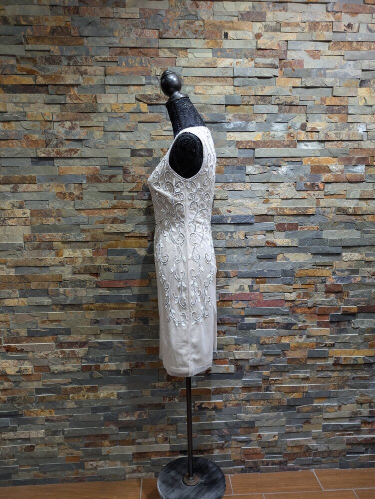 Ivory Beaded V-Neck w/ Nude Mesh Detail, Size 2