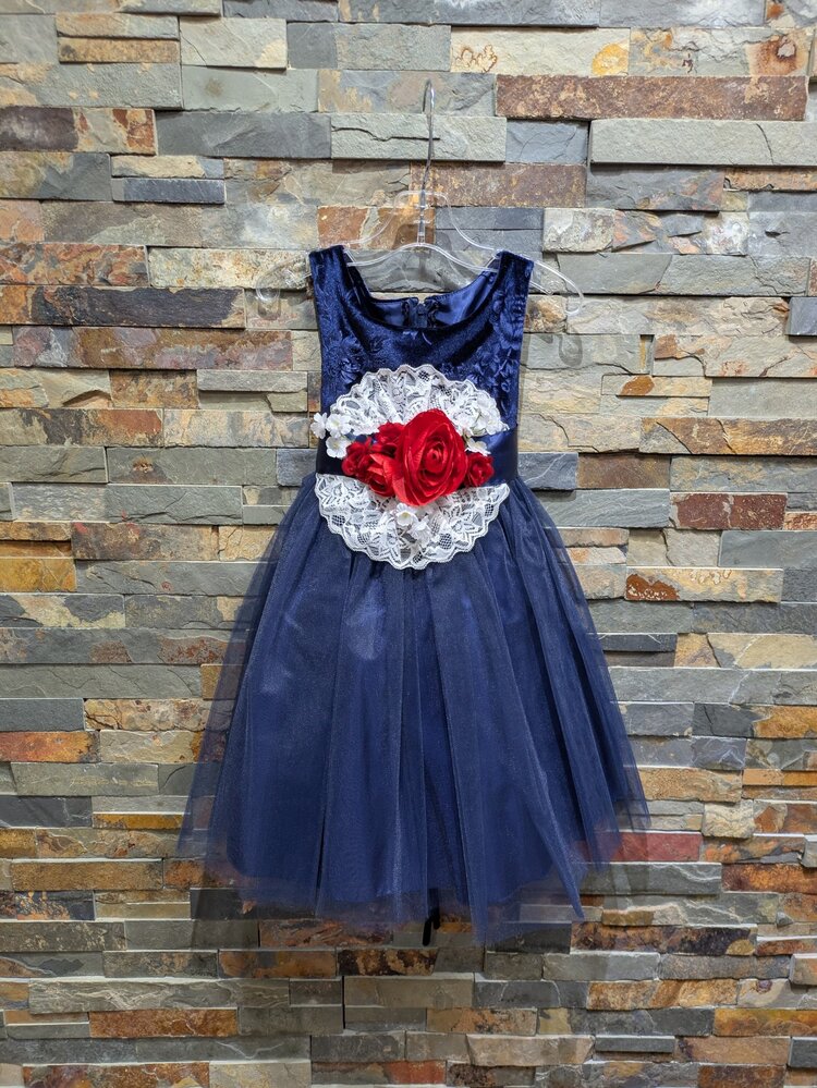 Navy Tulle Dress with Lace and Red Floral Waistband , Size 1/2